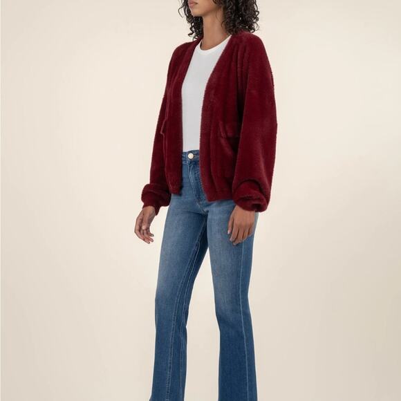 NEW KUT FROM THE KLOTH JANA FUZZY OPEN FRONT CARDIGAN WINE RED POCKETS SZ XS - Picture 3 of 11